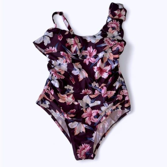 2/$30 Kona Sol one piece floral ruffle swimsuit with side ruching SZ 16W plus - Picture 2 of 14